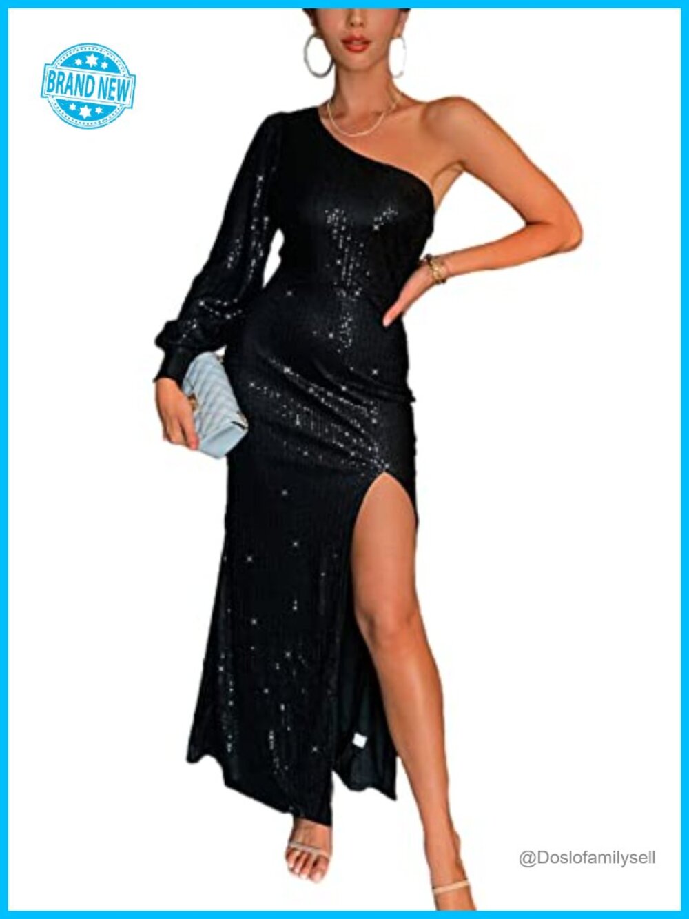 Women Sequin One Shoulder Maxi Prom Dress Ruched Bodycon Formal